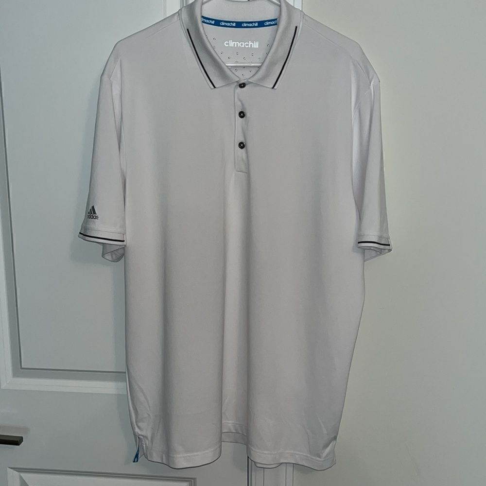 Awesome White w/Black trim stripe Climachill Adidas golf polo shirt XL beautiful
